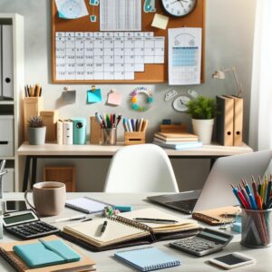 Un bureau bien organisé avec des fournitures scolaires, un ordinateur portable, des cahiers ouverts, une calculatrice et un planning affiché sur un tableau en arrière-plan, illustrant un espace de travail propice à une méthodologie efficace pour faire ses devoirs