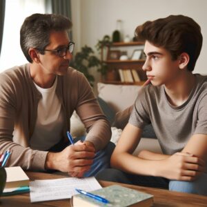 Un père et son adolescent assis dans un salon, engagés dans une discussion sérieuse et bienveillante. Des cahiers et des notes scolaires sont posés sur la table, symbolisant une tentative de comprendre et de résoudre la démotivation scolaire.
