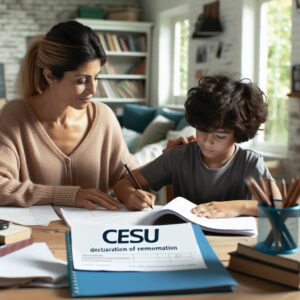 Une mère aidant son enfant à faire ses devoirs à la maison, avec un dossier CESU visible au premier plan, symbolisant la déclaration légale du soutien scolaire.
